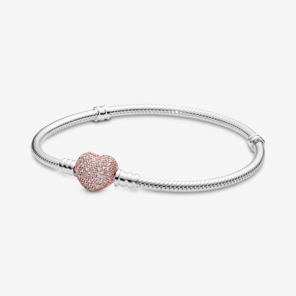 Pandora Australia Moments Pave Heart Clasp Snake Chain Bracelet Two-Tone