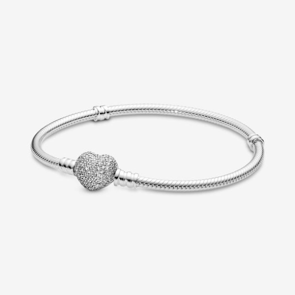 Pandora Australia Moments Sparkling Heart Clasp Snake Chain Bracelet Sterling Silver