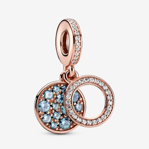 Sparkling Light Blue Disc Double Dangle Charm Pandora Australia Rose Gold Plated