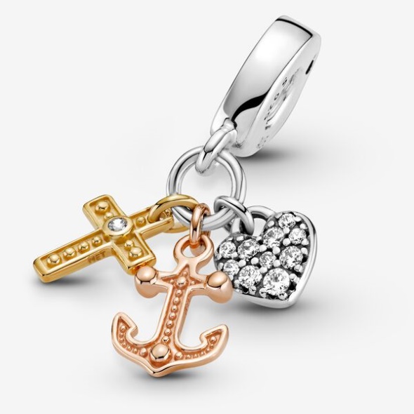 Triple-Tone Cross Heart Anchor Dangle Charm Pandora Australia
