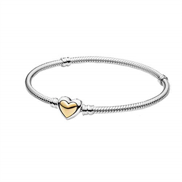 PANDORA Domed Golden Heart Clasp Snake Chain 925 Sterling Silver Bracelet