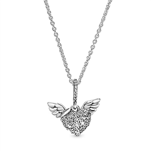 PANDORA Pave Heart and Angel Wings Necklace