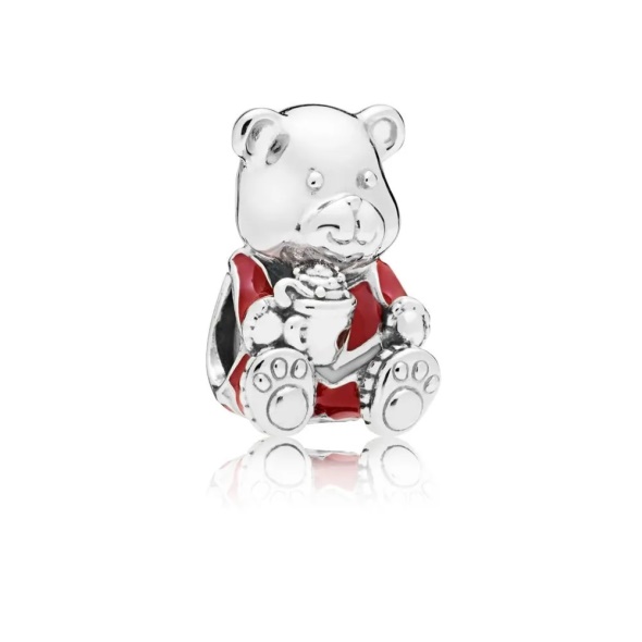PANDORA Retired Sterling Silver Christmas Teddy Bear Charm with Red Enamel