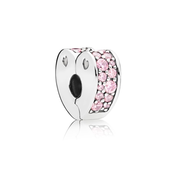 Pandora Heart clip in sterling silver w/28 bead set pink CZ and silic Charm