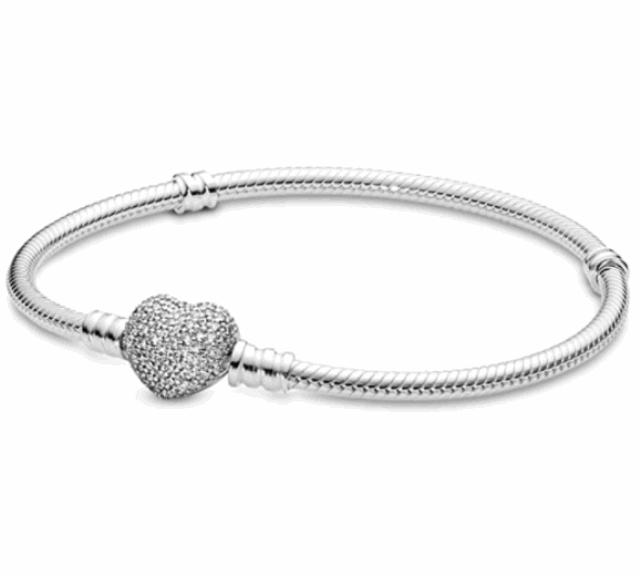Pandora Jewelry Moments Sparkling Heart Clasp Snake Chain Charm Cubic Zirconia Bracelet
