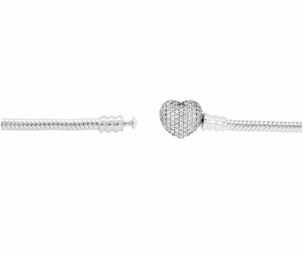Pandora Jewelry Moments Sparkling Heart Clasp Snake Chain Charm Cubic Zirconia Bracelet
