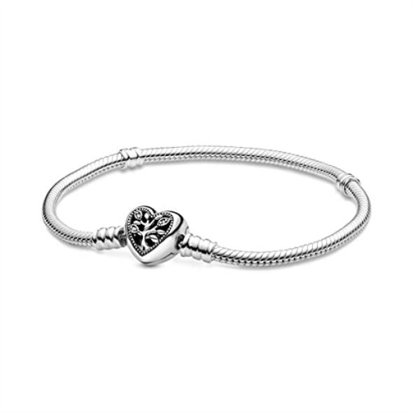 Pandora Moments Women Sterling Silver Family Tree Heart Clasp Snake Chain Bracelet