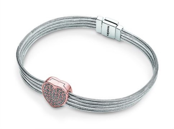 Pandora Sterling Silver and Rose Gold Reflexions Pave Heart Snake Chain Bracelet