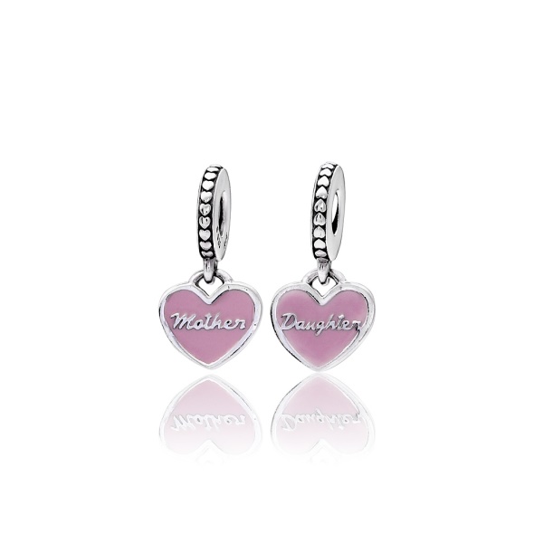 Pandora Women Sterling Silver Mother Daughter Hearts Pink Pendant Charm